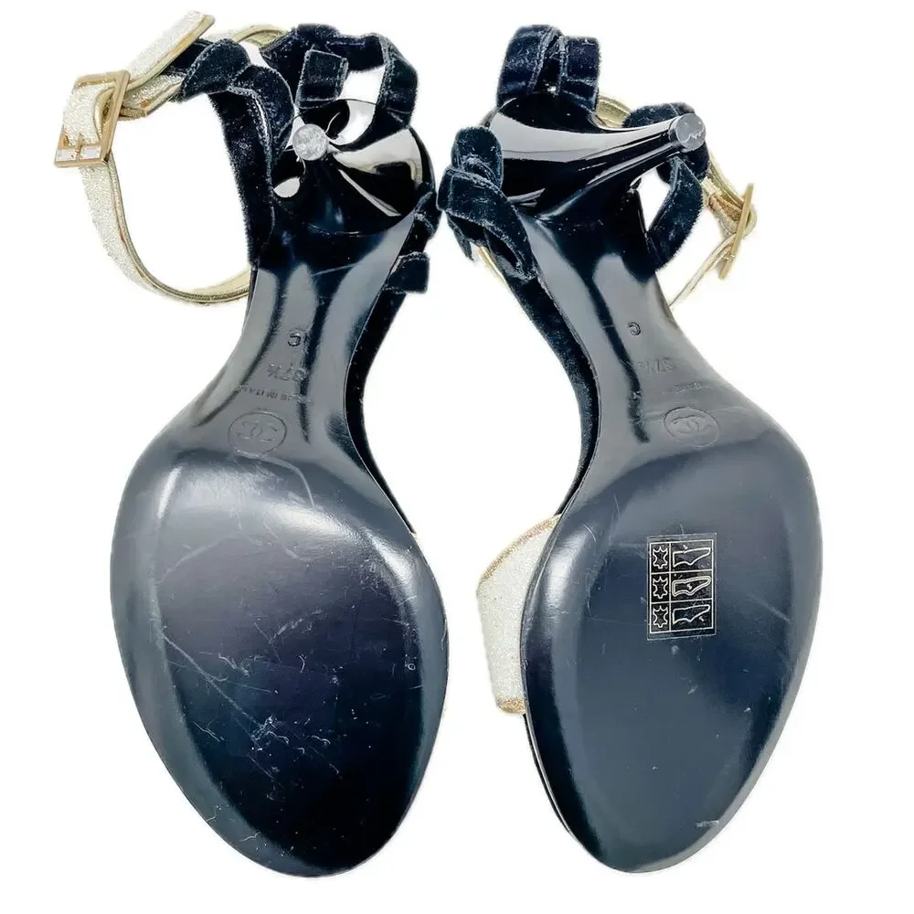 Chanel Vintage Black Velvet Champagne Glitter Evening Sandals size 37.5C